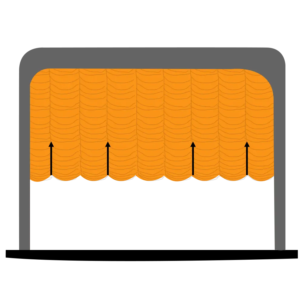 Austrian festoon curtain opening diagram - the drape gathers into deep horizontal pleated swags as it rises.