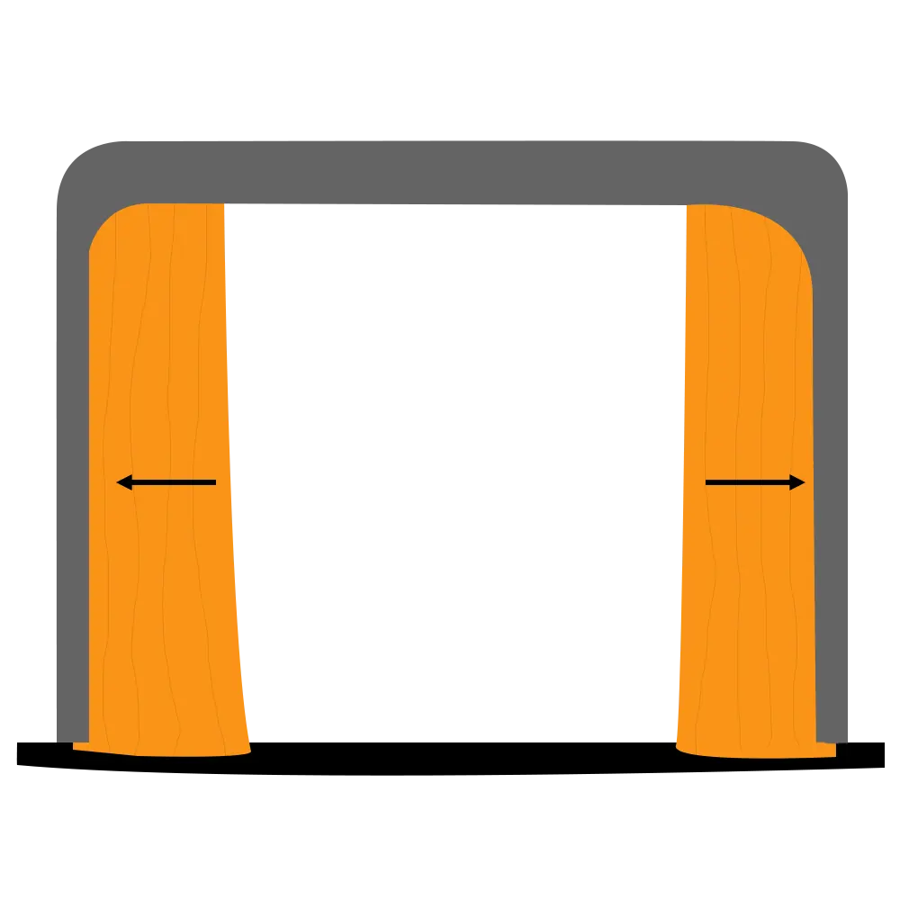 Traveller curtain opening diagram - two drape panels meet at centre and run outward to the wings.