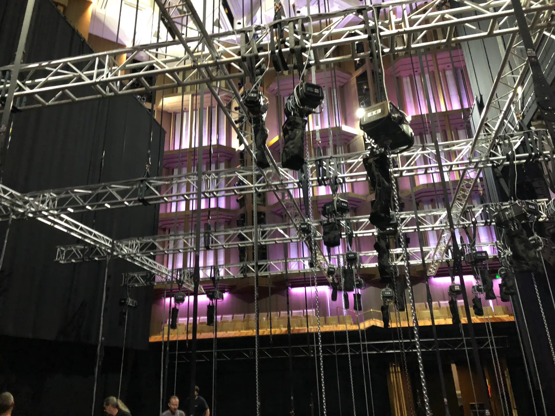 EXE chain hoists and aluminium truss rigged above the stage of a concert hall