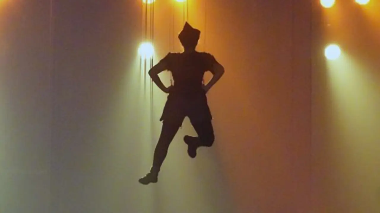 Silhouetted performer mid-flight on wires against warm stage lighting, Peter Pan pose
