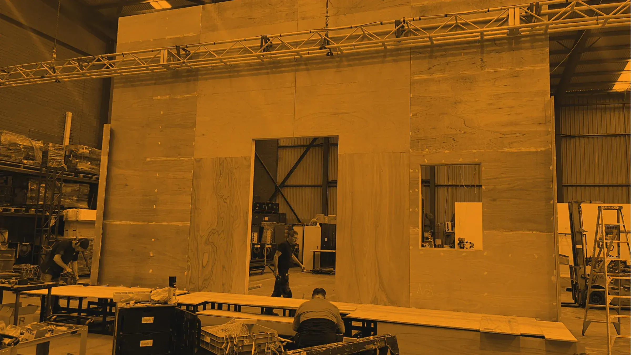 Scenic build under way in the TSA workshop - timber and steel scenery on the floor