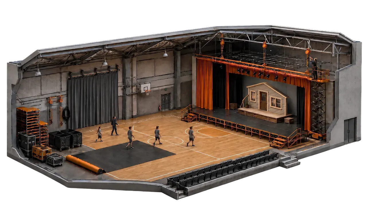 Isometric cutaway of a school hall with a timber sports floor, court markings and roll-out protection
