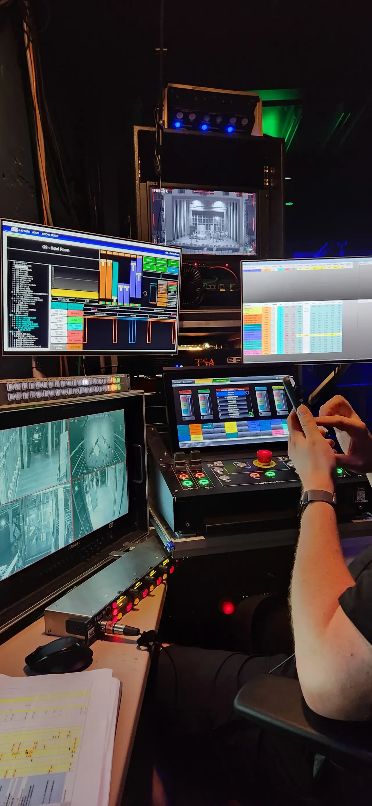 Automation control desk with multiple show-control monitors and touch panel