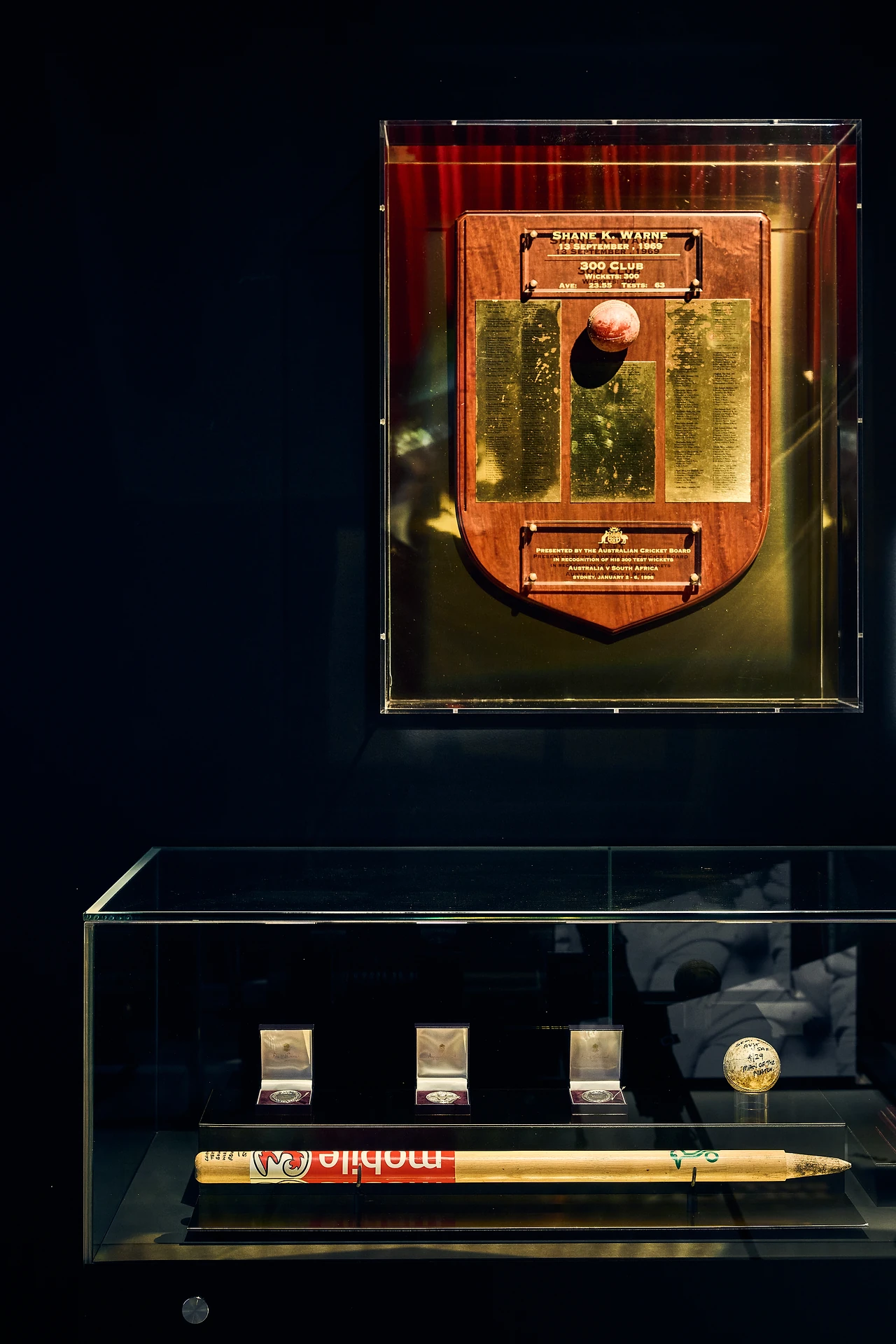 Framed shield with memorabilia in a floating case above a lit display shelf