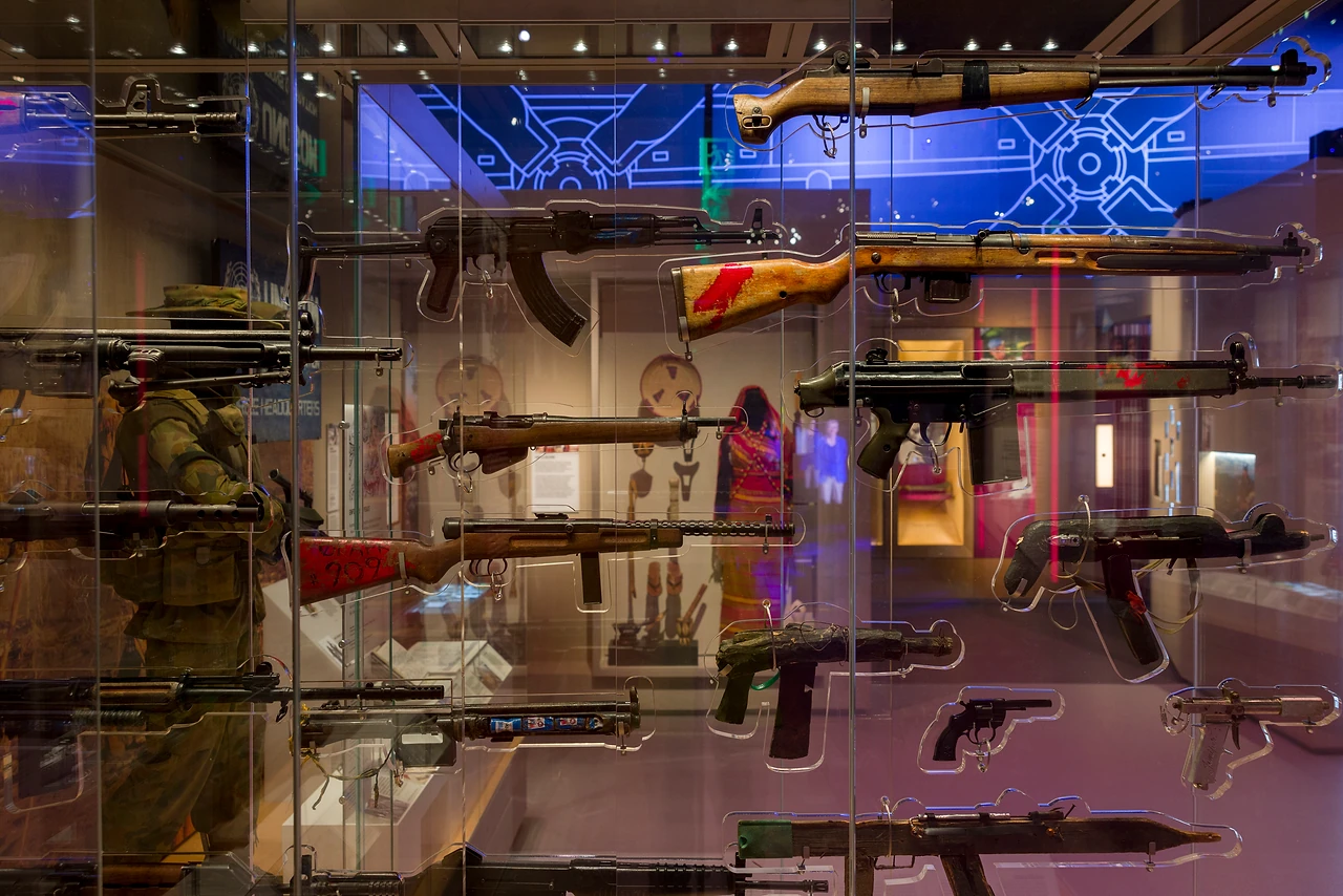 Wall of rifles and firearms mounted in a glazed showcase against a patterned backdrop