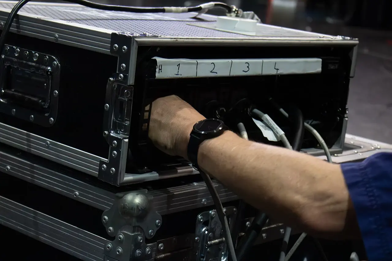 Performer flying rig from above, track and winch detail