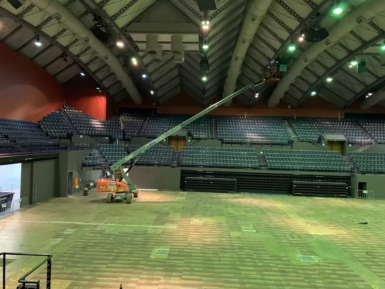 Cairns Convention Centre Great Hall during installation, overhead grid visible