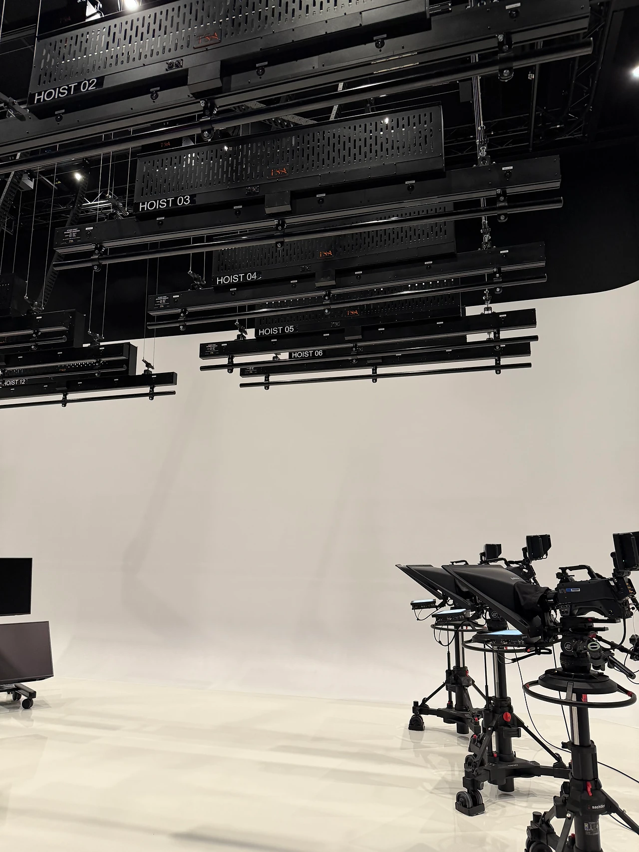 Studio hoists and battens above the cyclorama in the media studio at ECU City Campus.