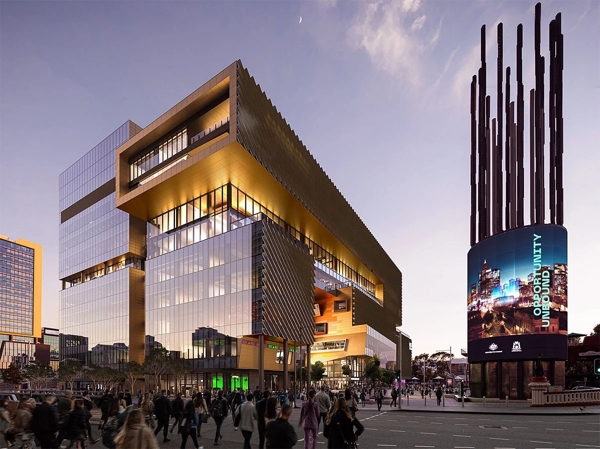 The Edith Cowan University City Campus building in the Perth CBD at dusk.