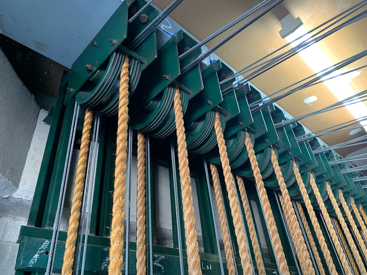 Loft sheaves and hemp lines at grid level above the stage at Gladstone.