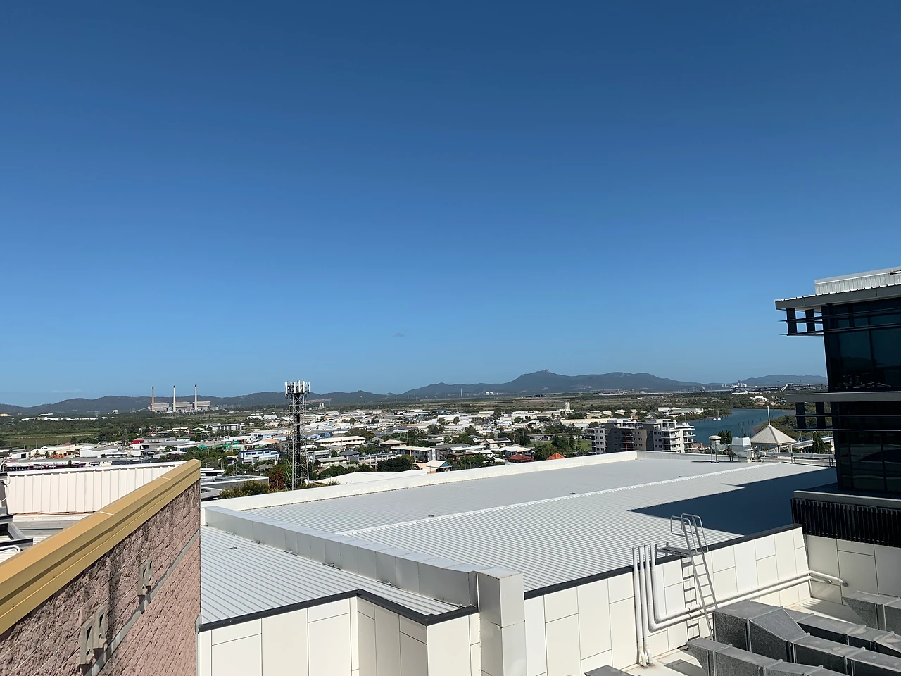The roof of Gladstone Entertainment & Convention Centre looking out over Gladstone.