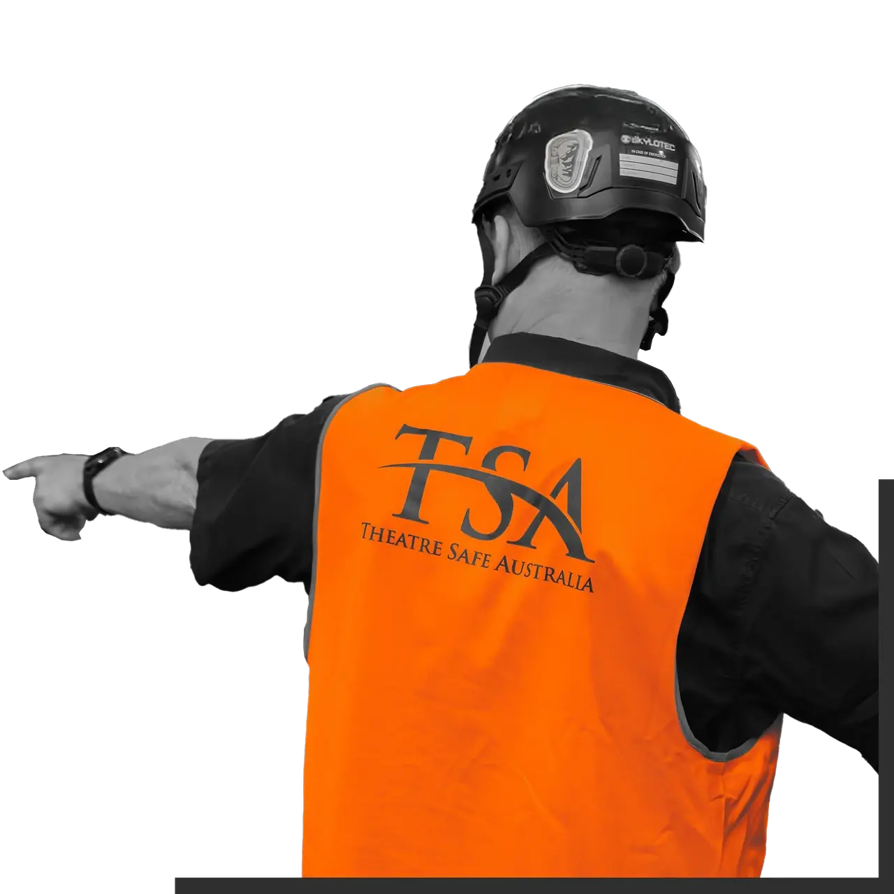A TSA crew member in a hi-vis vest on site, pointing out the next task.