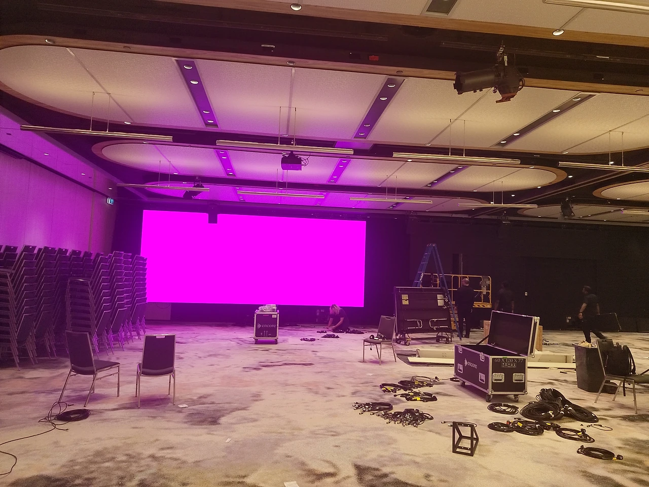 The Golden Ballroom LED screen lit during commissioning at the Pan Pacific.