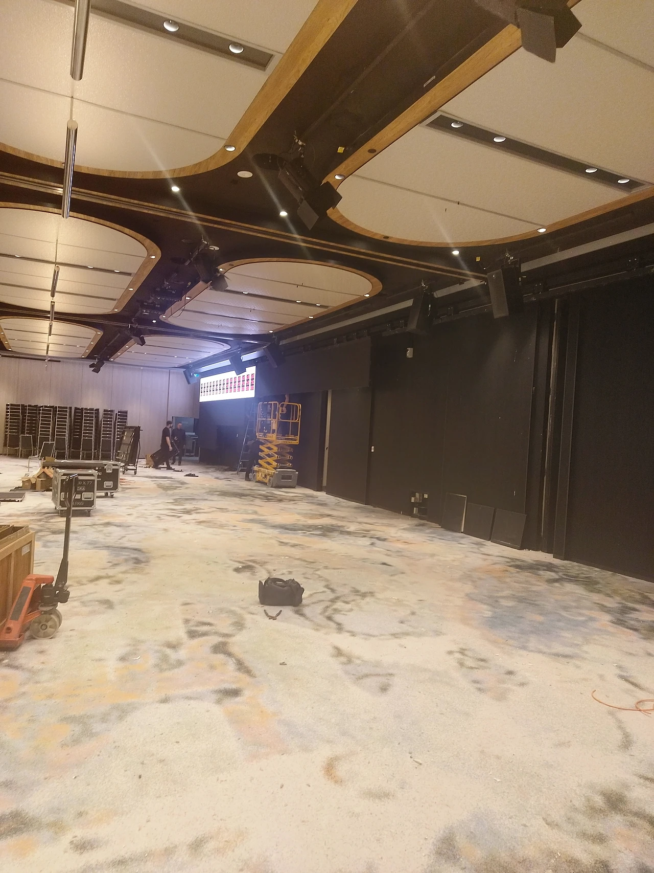 Wide view of the Golden Ballroom at the Pan Pacific during the LED screen installation.