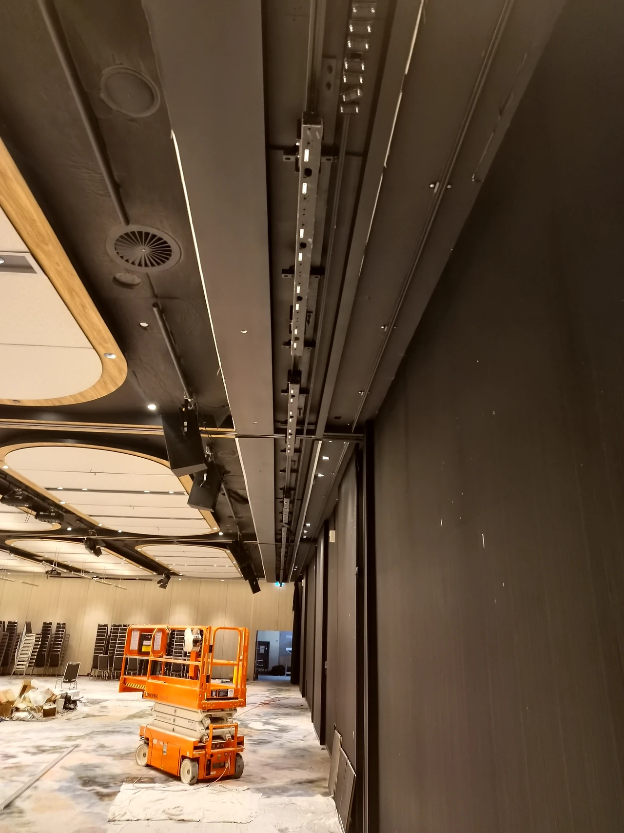 Completed and painted ceiling casement concealing the rigging in the Golden Ballroom.