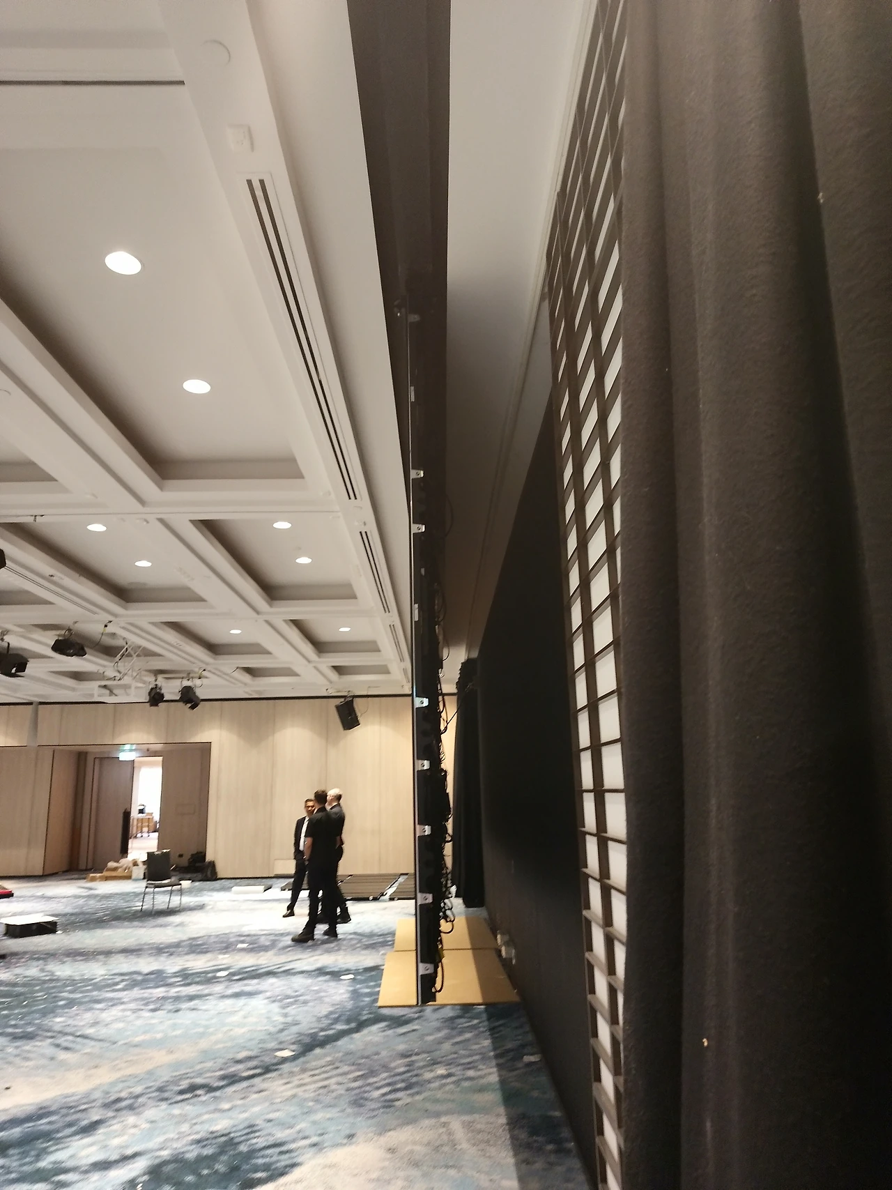 Edge detail of the River Room LED screen against the coffered ceiling at the Pan Pacific.