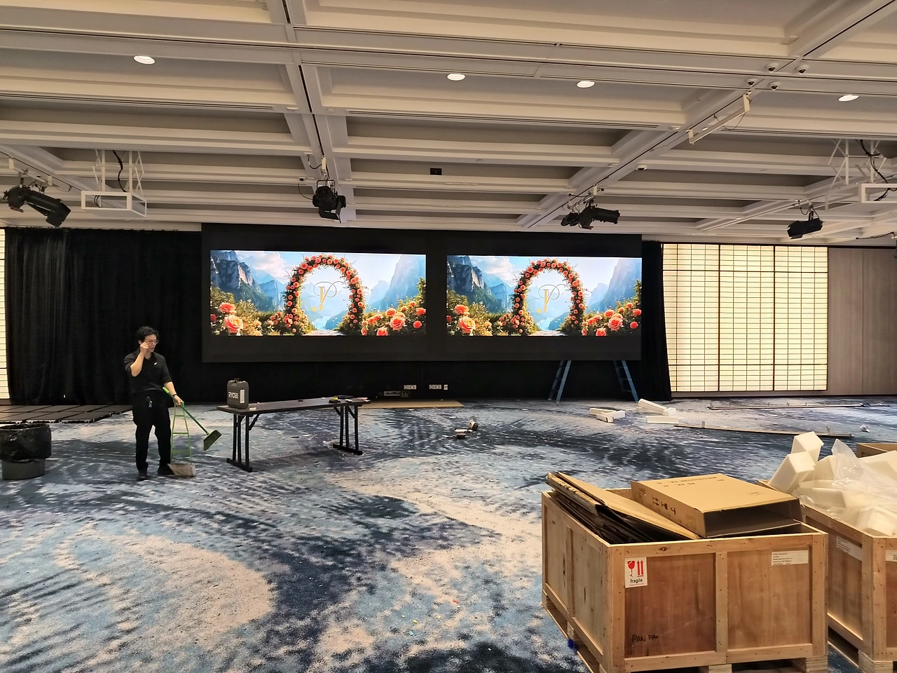 The River Room LED screen running live content after handover at the Pan Pacific.