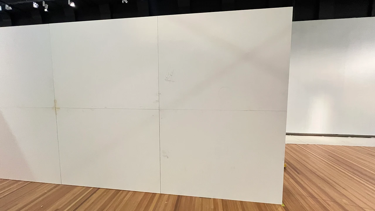 Face of the modular wall during the install, before finishing, in the gallery. Design: Tim Blaikie, TSA. Photo: TSA.