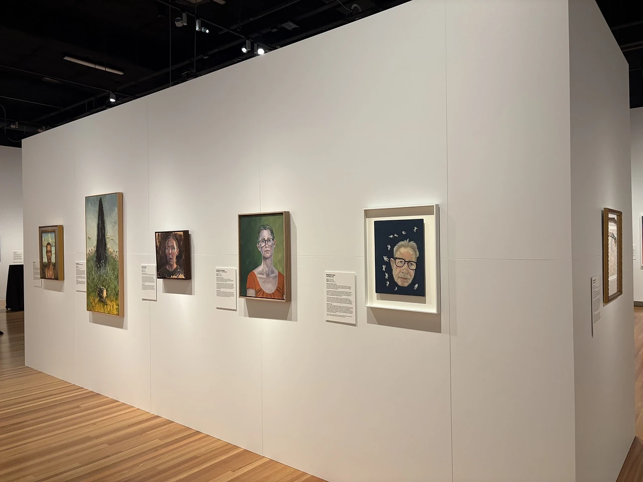 Run of the white modular wall, its panel joints a fine grid of hairlines, with portrait works and labels hung under the lighting at the Brisbane Portrait Prize 2026. Design: Tim Blaikie, TSA. Photo: TSA. Artworks by various artists, Brisbane Portrait Prize 2026.