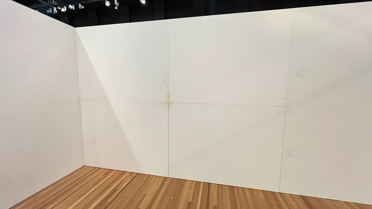 Two faces of the modular wall meeting at a corner during the install, before finishing. Design: Tim Blaikie, TSA. Photo: TSA.