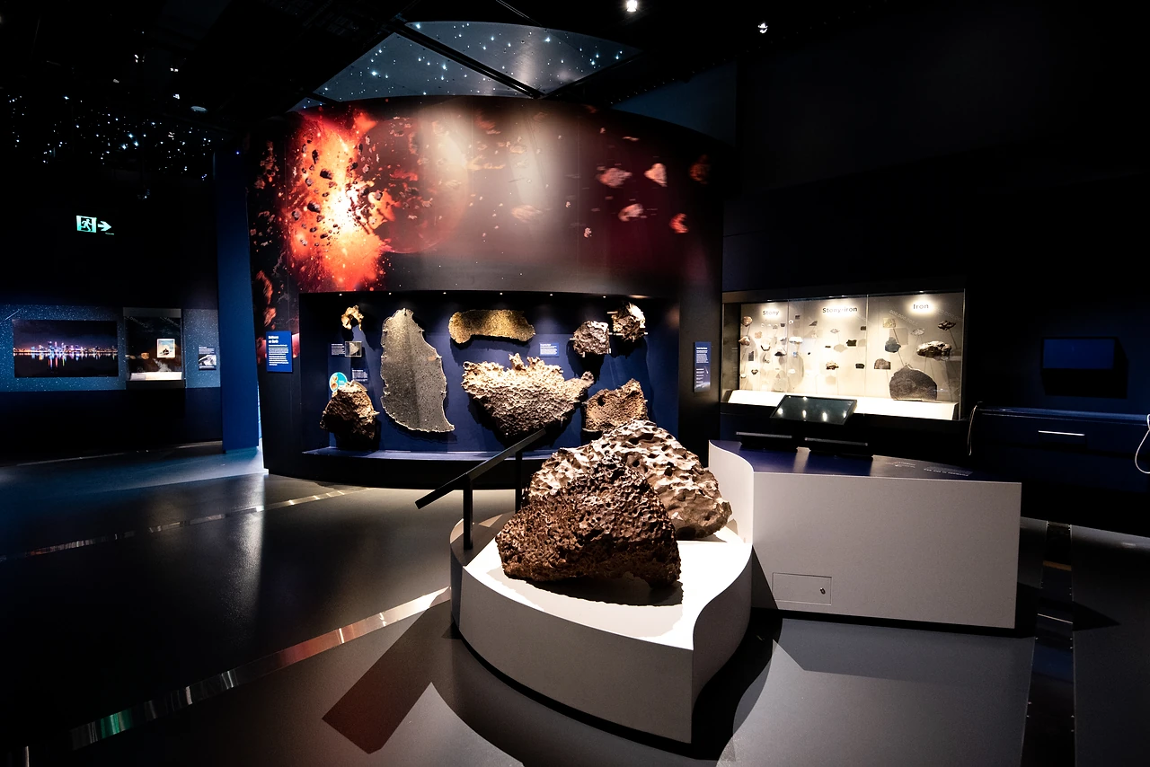 Origins gallery with a curved plinth, steel-framed showcases and a lit scenic backdrop. Design: Thylacine Design with Iredale Pedersen Hook architects. Photo: Michelle Sammut.