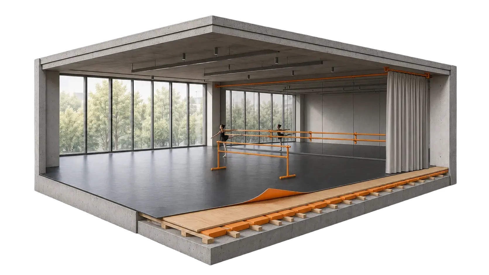 Studio layout with sprung floor, mirrors and barres
