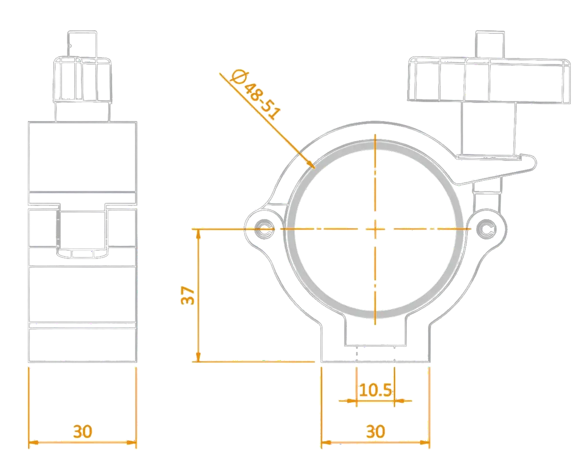 Dimensioned line drawing of a half coupler - front and side views showing the 48 to 51 mm tube bore, 30 mm width and 37 mm height, with the wing-screw clamp